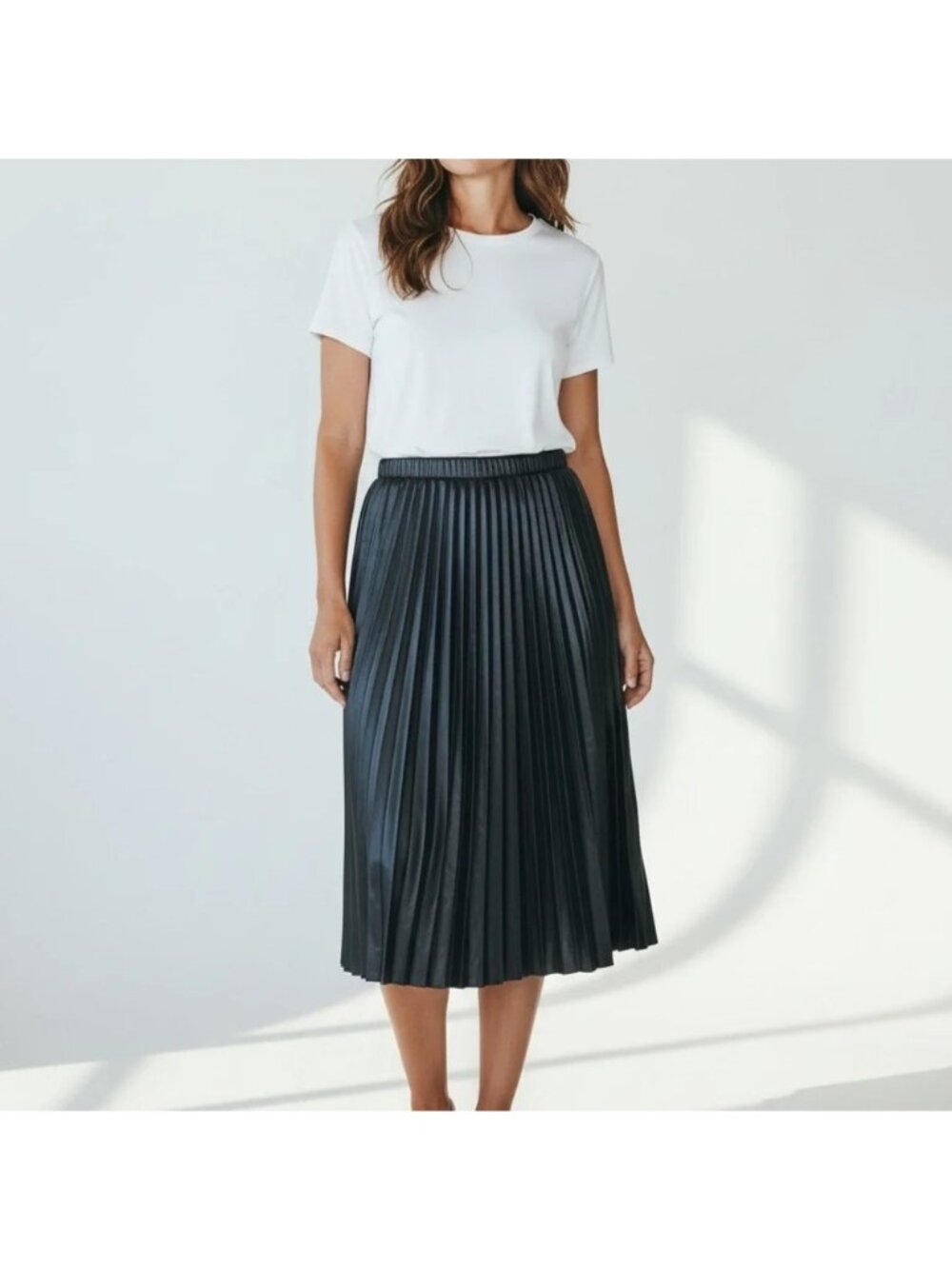 Rachel Roy Pull On Elastic Waist Pleated Midi Skirt Black Small NEW